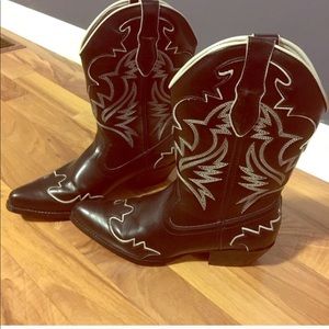 Black cowboy boots.  Manmade material.
